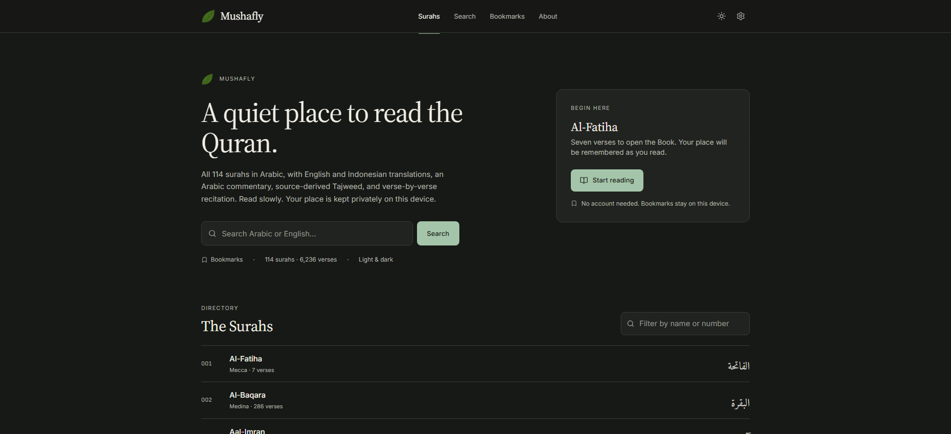 Mushafly Quran reader home page with the surah directory